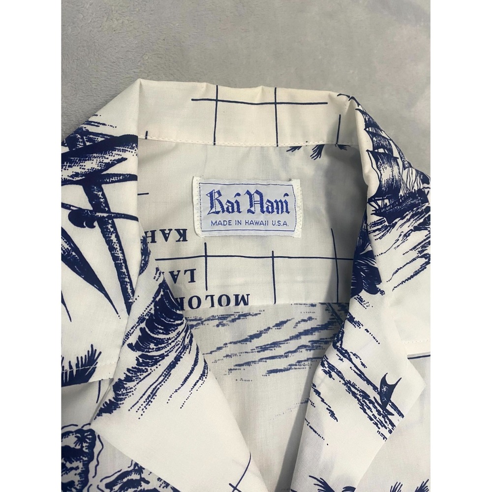 Vintage Rai Nani Hawaiian Camp Shirt Mens White Sailboats Palm Tree Short Sleeve